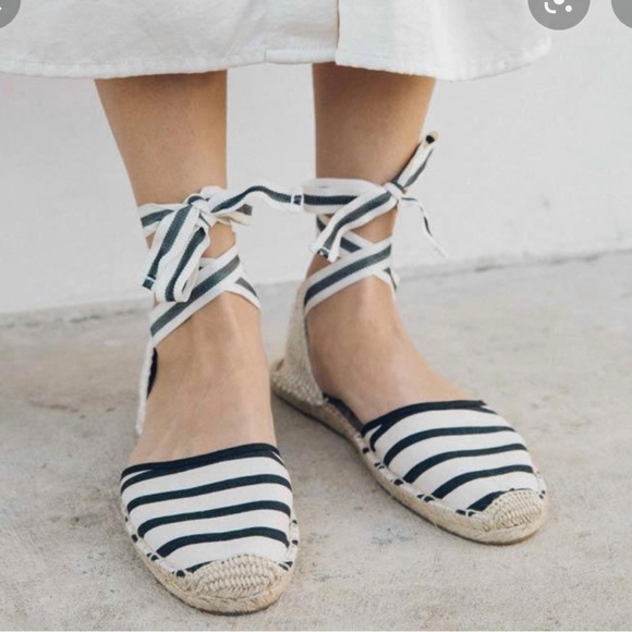 Soludos Shoes Espadrille Ankle Flats‎ Tie Striped Black White Tan Cream - Picture 12 of 12